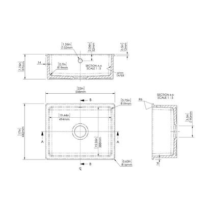[BKS253] Single Bowl Fireclay Ceramic Square Undermount Kitchen Sink with Overflow - 548mm - Choice of Finish - Technical Drawing