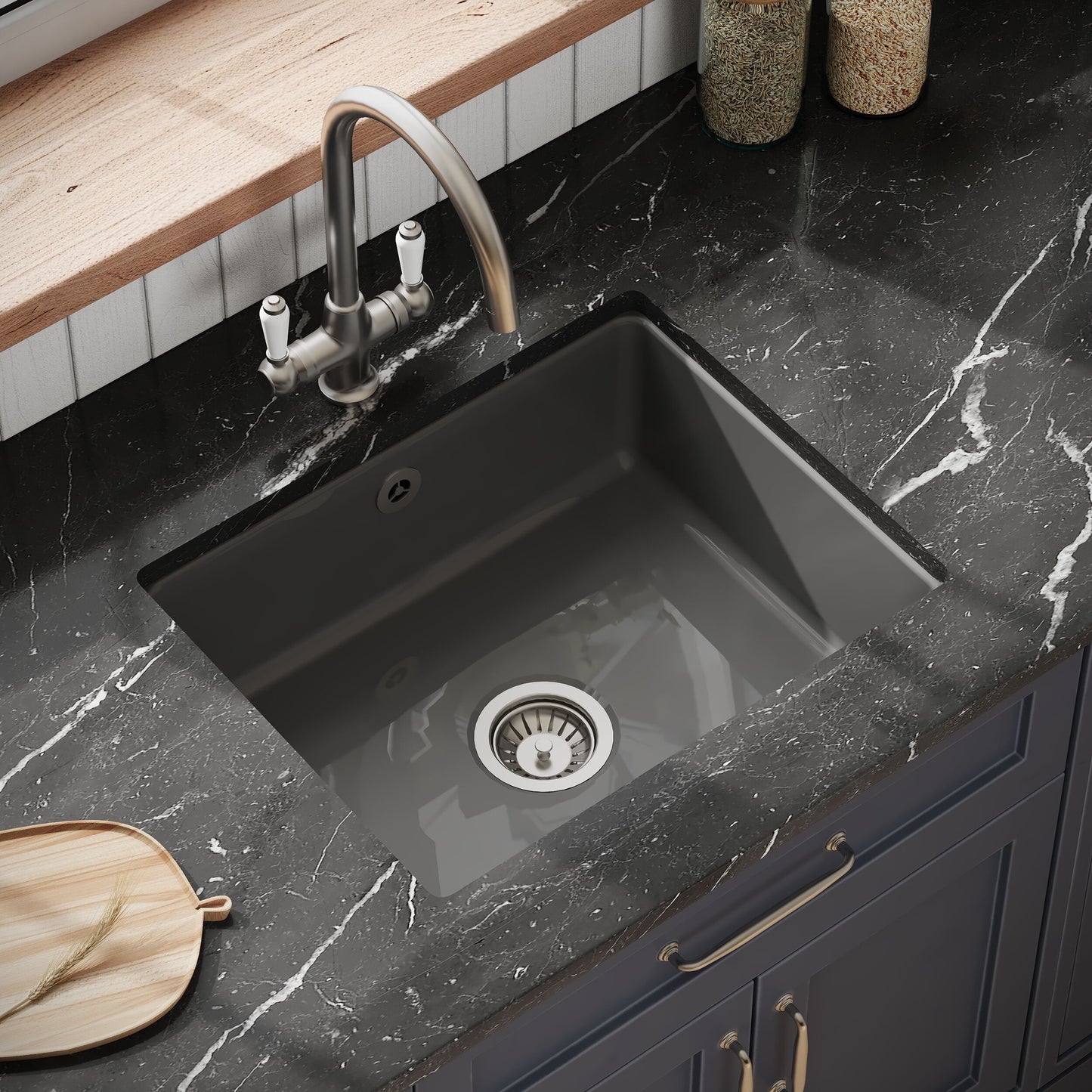 [BKS253] Single Bowl Fireclay Ceramic Square Undermount Kitchen Sink with Overflow - 548mm - Choice of Finish - Lifestyle 2