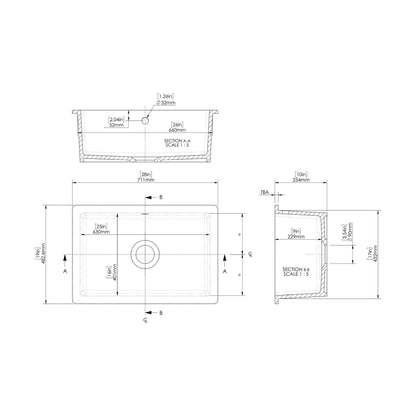 [BKS254] Single Bowl Fireclay Ceramic Undermount Kitchen Sink with Overflow and Central Waste Position - 711mm - Technical Drawing