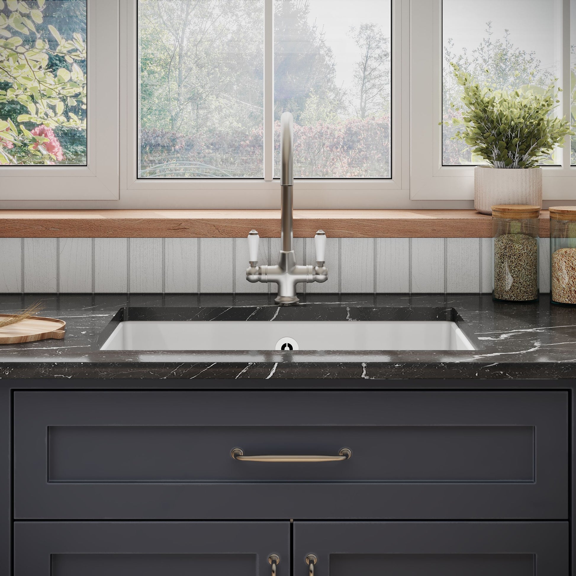 [BKS254] Single Bowl Fireclay Ceramic Undermount Kitchen Sink with Overflow and Central Waste Position - 711mm - Lifestyle 1