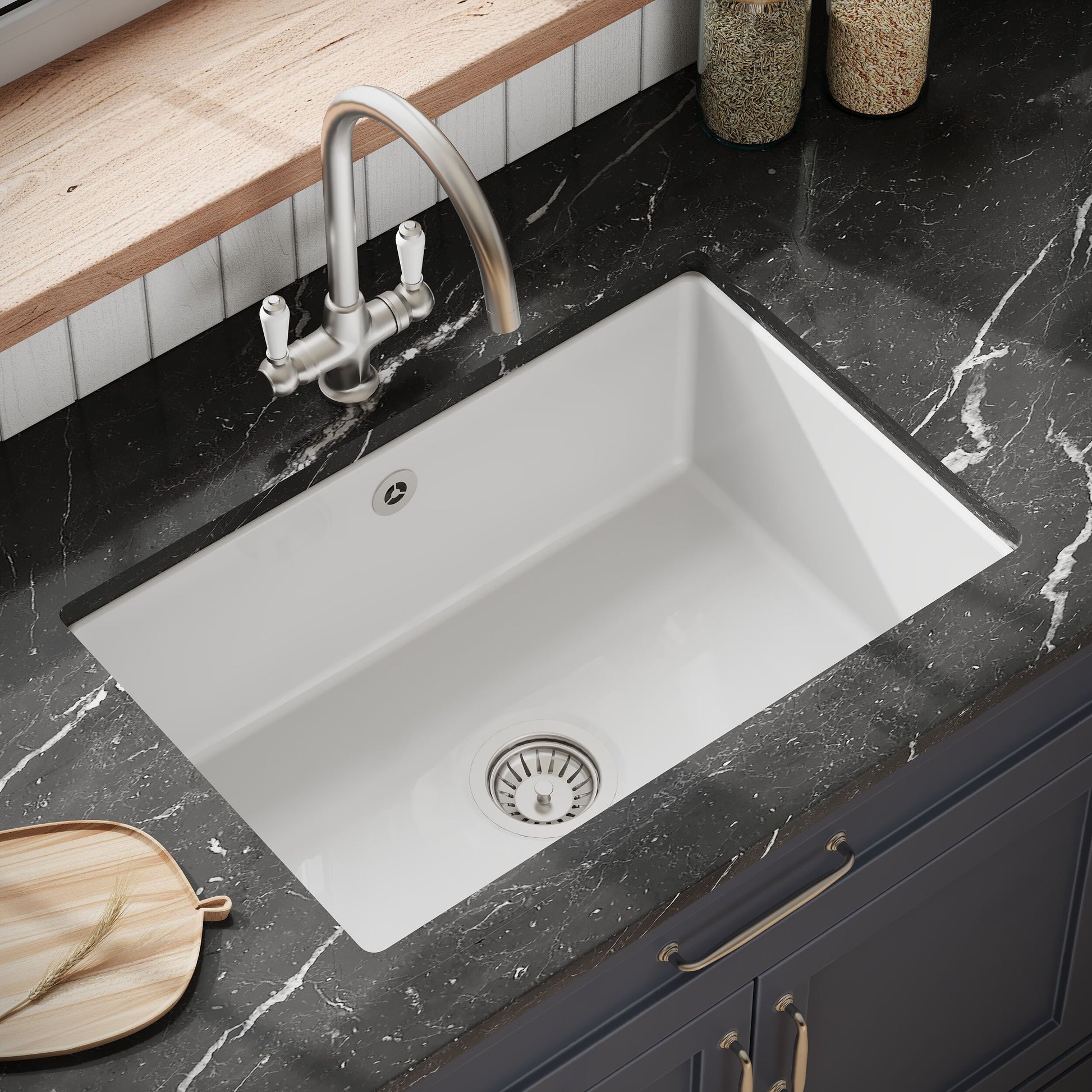 [BKS254] Single Bowl Fireclay Ceramic Undermount Kitchen Sink with Overflow and Central Waste Position - 711mm - Lifestyle 2