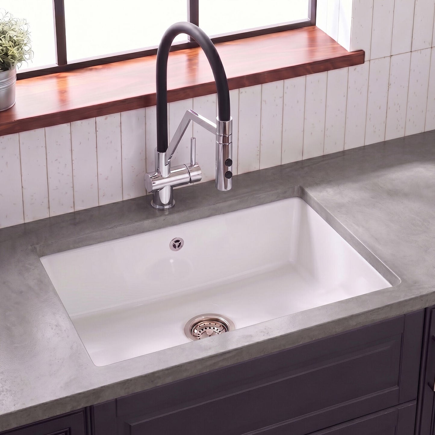 [BKS254] Single Bowl Fireclay Ceramic Undermount Kitchen Sink with Overflow and Central Waste Position - 711mm - Silo