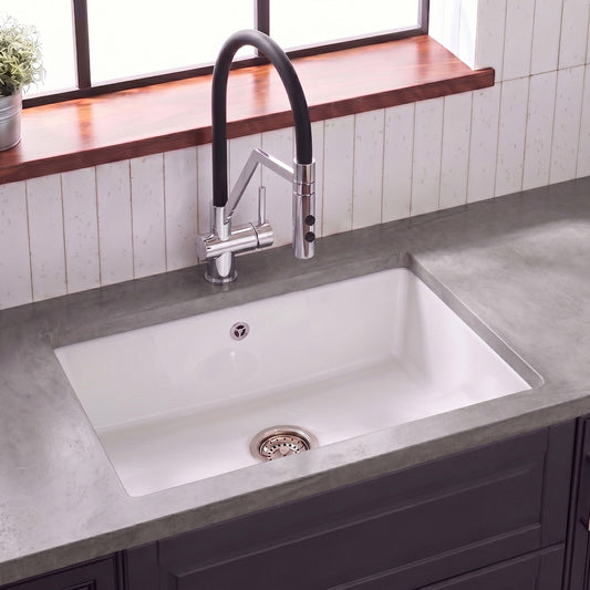 [BKS254] Single Bowl Fireclay Ceramic Undermount Kitchen Sink with Overflow and Central Waste Position - 711mm - Silo
