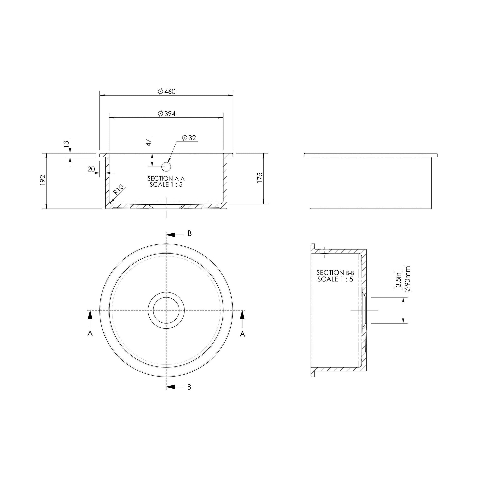 [BKS257] Fireclay Single Bowl Round Undermount Kitchen Sink, Central Waste Position & Overflow - 460mm - Multiple Colours Available - Technical Drawing