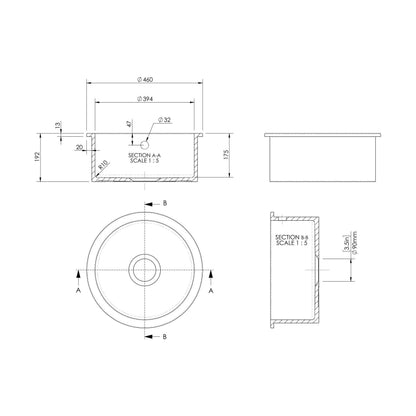 [BKS257] Fireclay Single Bowl Round Undermount Kitchen Sink, Central Waste Position & Overflow - 460mm - Multiple Colours Available - Technical Drawing