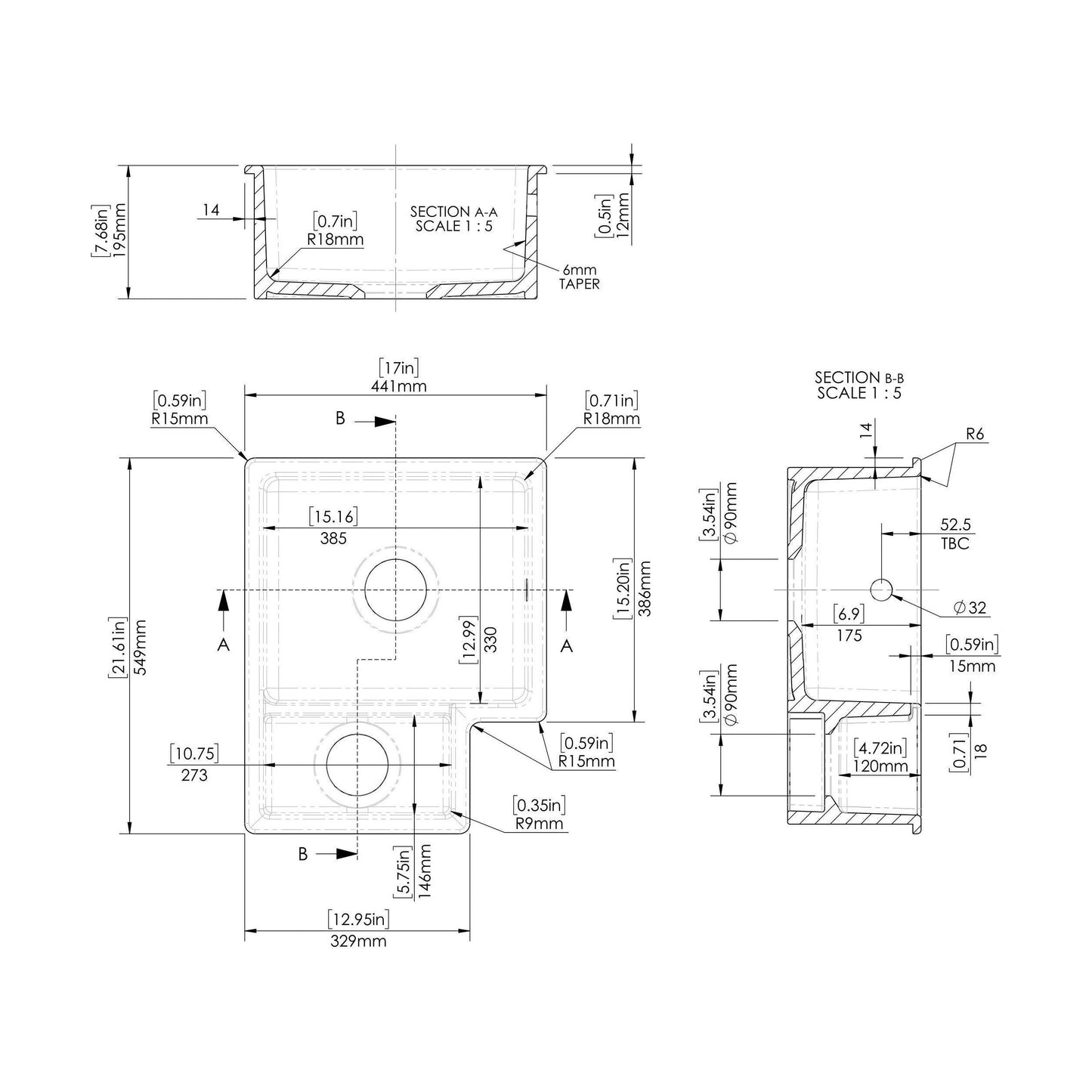 [BKS258] 1.5 Bowl Fireclay Ceramic Undermount Kitchen Sink with Overflow - 549mm - Available as Left or Right Hand - Technical Drawing