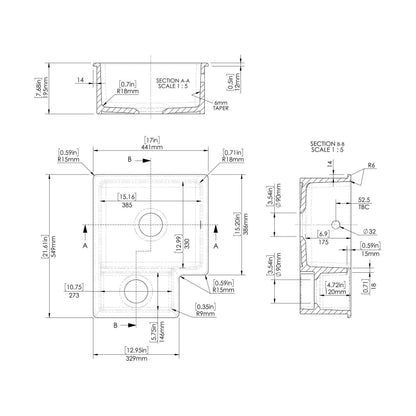 [BKS258] 1.5 Bowl Fireclay Ceramic Undermount Kitchen Sink with Overflow - 549mm - Available as Left or Right Hand - Technical Drawing