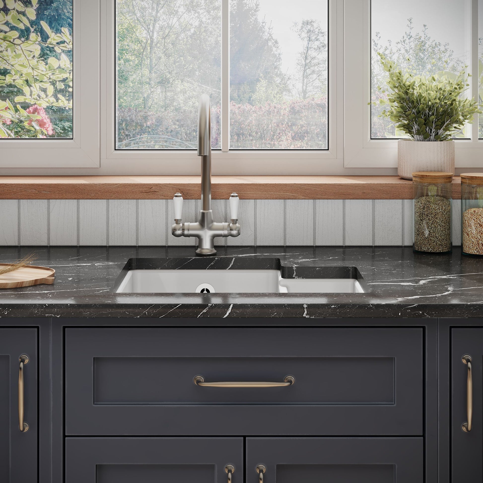 [BKS258] 1.5 Bowl Fireclay Ceramic Undermount Kitchen Sink with Overflow - 549mm - Available as Left or Right Hand - Lifestyle 1