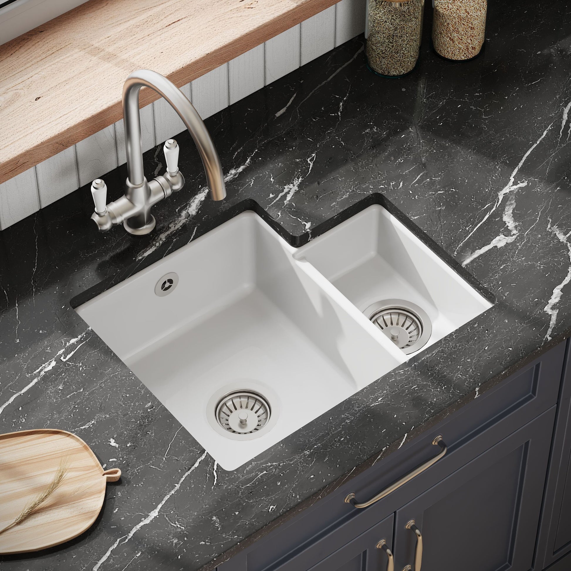 [BKS258] 1.5 Bowl Fireclay Ceramic Undermount Kitchen Sink with Overflow - 549mm - Available as Left or Right Hand - Lifestyle 2