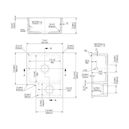 [BKS259] 1.5 Bowl Fireclay Ceramic Undermount Kitchen Sink with Overflow - 549mm - Available as Left or Right Hand - Technical Drawing