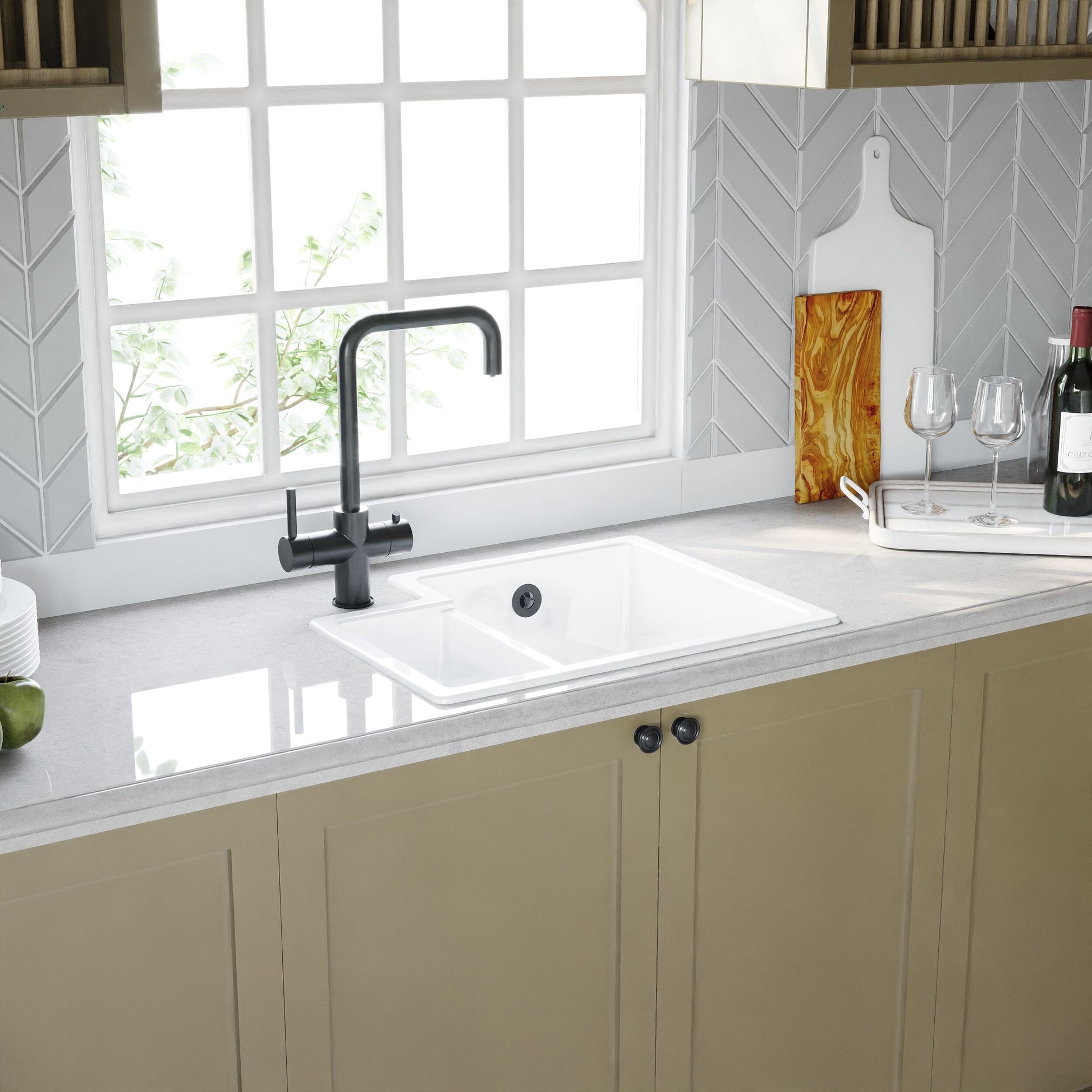 [BKS259] 1.5 Bowl Fireclay Ceramic Undermount Kitchen Sink with Overflow - 549mm - Available as Left or Right Hand - Lifestyle 3
