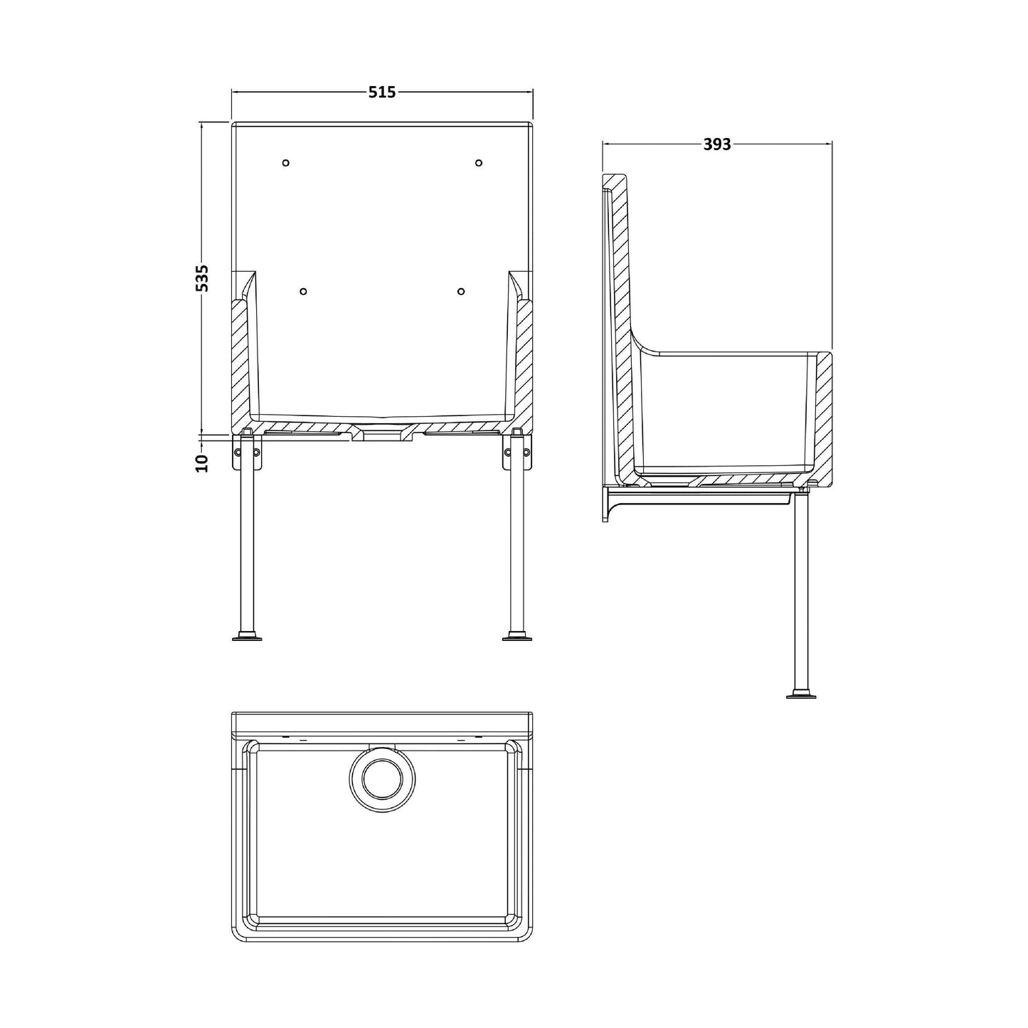 [BKS260] Single Bowl  Fireclay Ceramic Cleaner Sink w.Grid - Multiple Sizes and Accessories - Technical Drawing