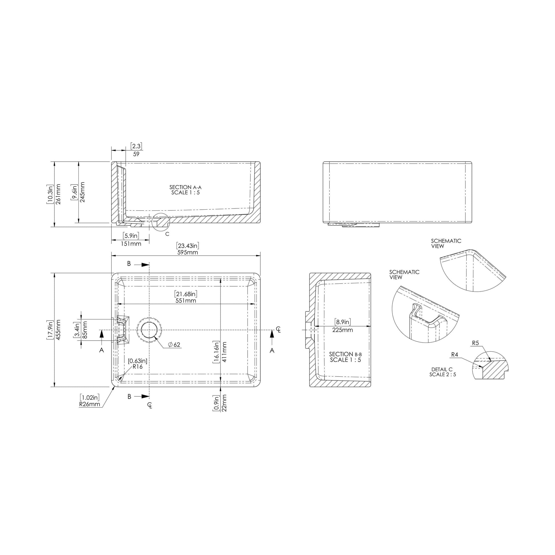 [BKS263] Traditional Fireclay Ceramic Belfast Sink with Overflow, Single Bowl - 595mm - Technical Drawing