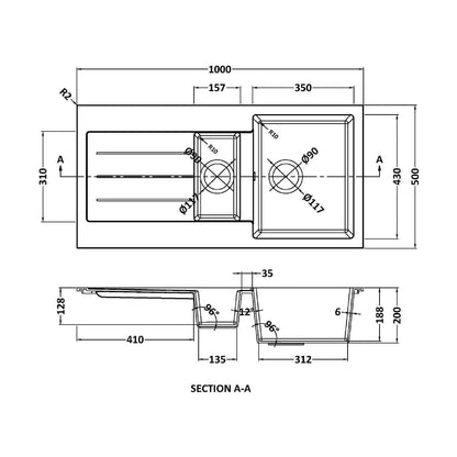 [BKS41050SH] 100cm Composite Inset Kitchen Sink with Overflow & Drainer - Available in Multiple Colours - Technical Drawing