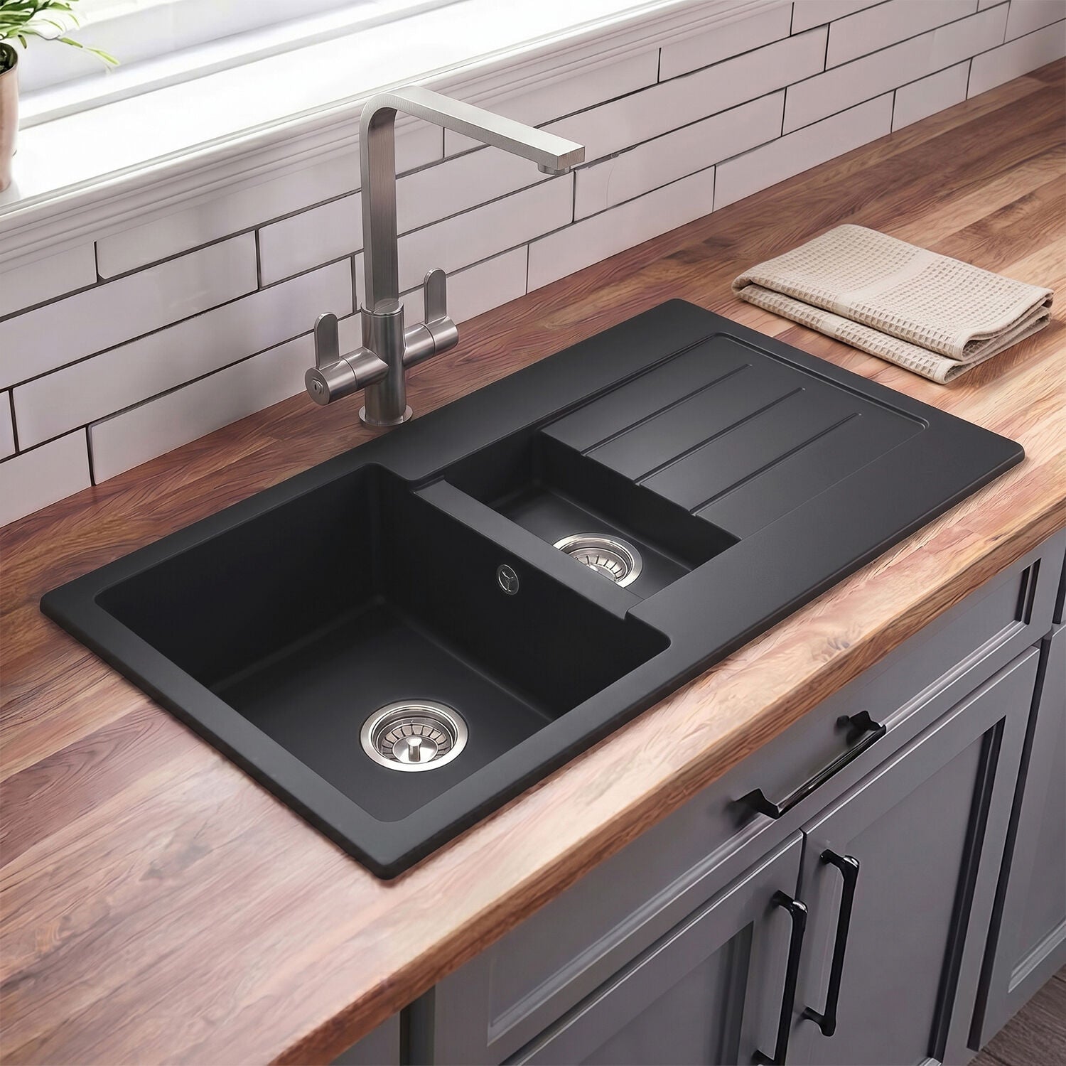 [BKS41050SH] 100cm Composite Inset Kitchen Sink with Overflow & Drainer - Available in Multiple Colours - Silo