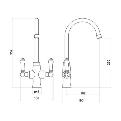 [BKT002K] Traditional Dual Handle Kitchen Mixer Tap - Black - Technical Drawing