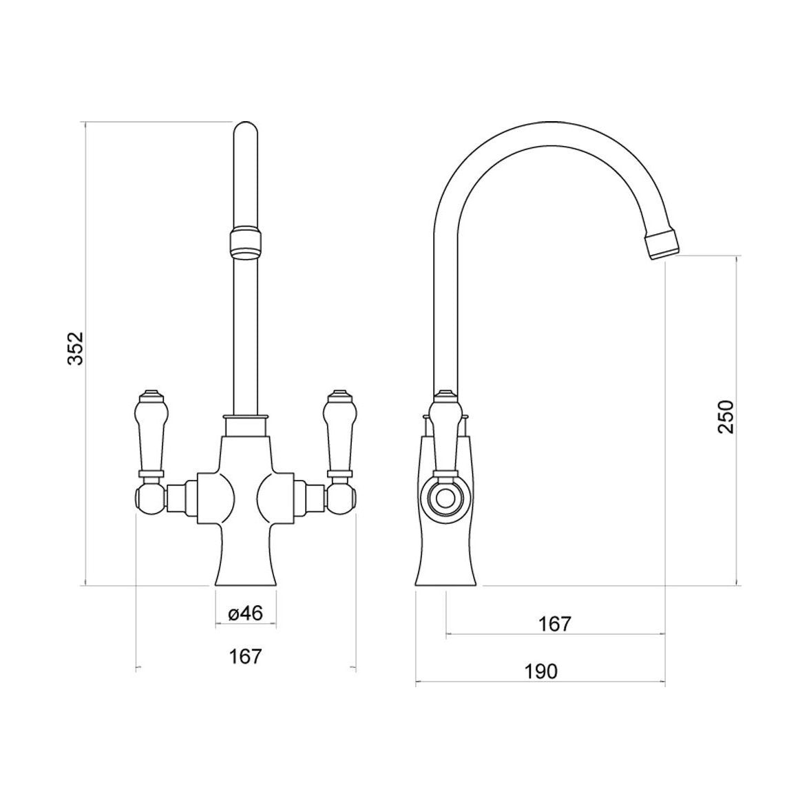 [BKT002] Traditional Dual Handle Kitchen Mixer Tap - Chrome - Technical Drawing