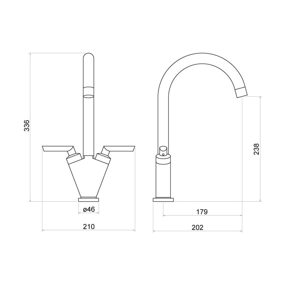 [BKT005BN] Balterley Contemporary Pull Out Dual Lever Kitchen Mixer Tap with Rounded Swivel Spout - Brushed Nickel - Technical Drawing