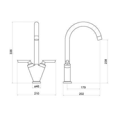 [BKT005BN] Balterley Contemporary Pull Out Dual Lever Kitchen Mixer Tap with Rounded Swivel Spout - Brushed Nickel - Technical Drawing