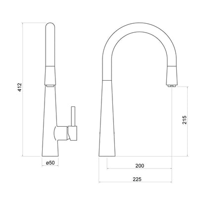 [BKT009K] Contemporary Pull Out Single Lever Kitchen Mixer Tap - Black - Technical Drawing