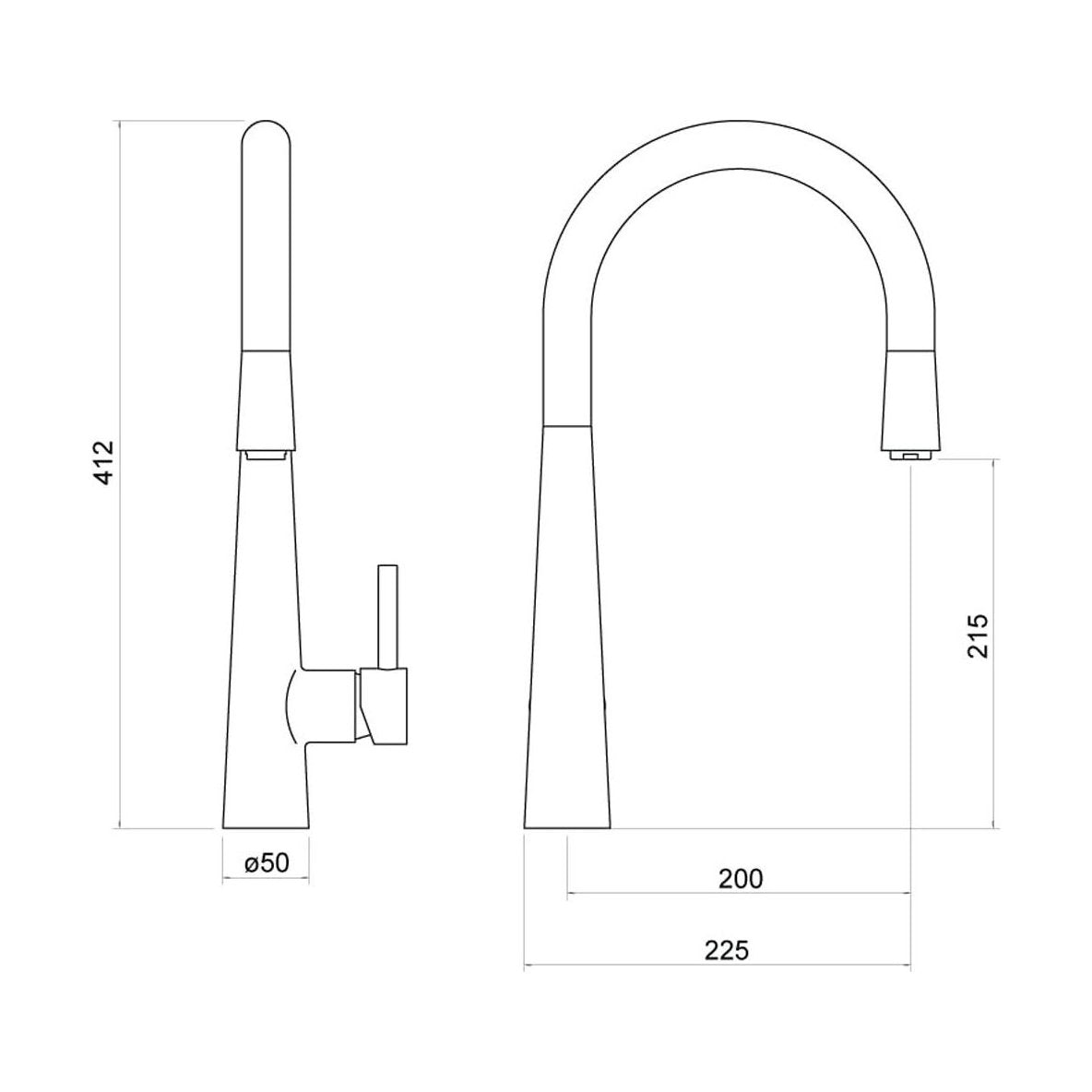 [BKT009] Contemporary Pull Out Single Lever Kitchen Mixer Tap - Chrome - Technical Drawing