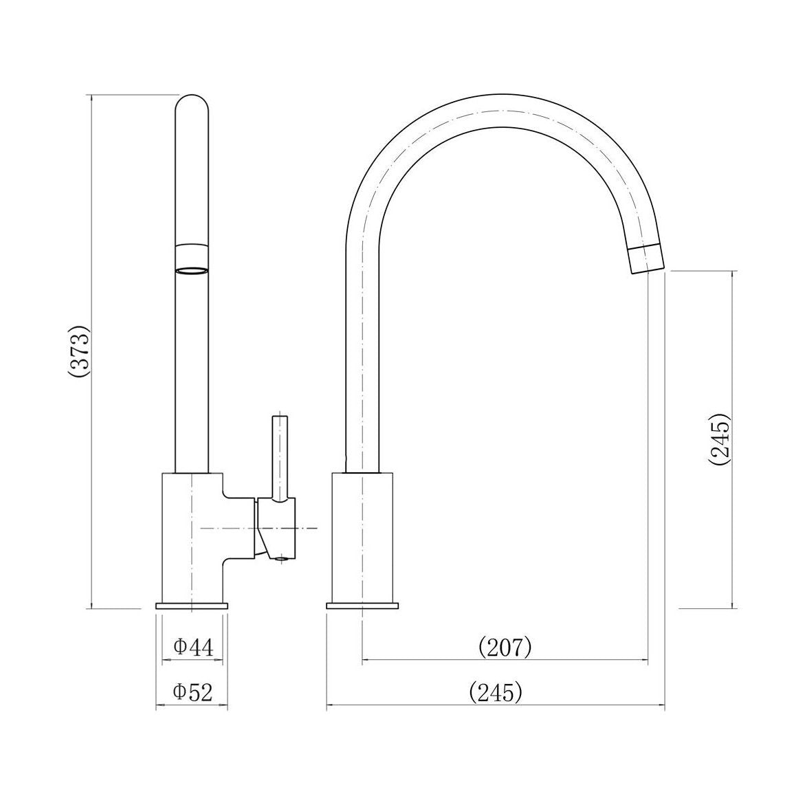 [BKT010] Contemporary Single Lever Kitchen Mixer Tap - Chrome - Technical Drawing