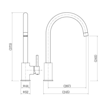 [BKT010] Contemporary Single Lever Kitchen Mixer Tap - Chrome - Technical Drawing