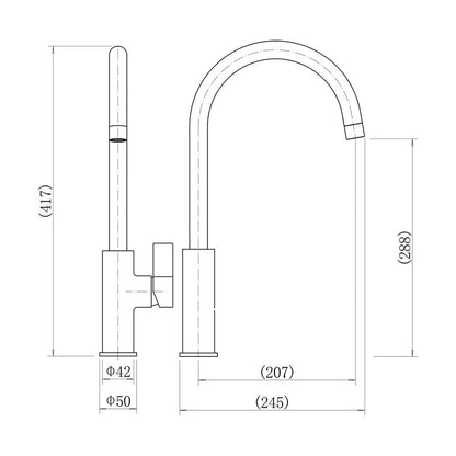 [BKT013] Balterley Contemporary Single Lever Kitchen Mixer Tap with Rounded Swan Neck Spout & Chrome Finish - Technical Drawing