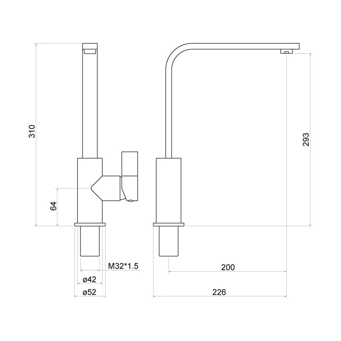 [BKT014] Contemporary Single Lever Kitchen Mixer Tap - Chrome - Technical Drawing