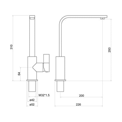 [BKT014] Contemporary Single Lever Kitchen Mixer Tap - Chrome - Technical Drawing