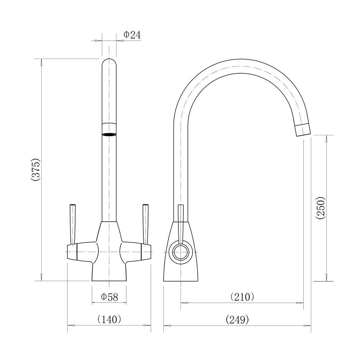 [BKT015BN] Contemporary Dual Handle Kitchen Mixer Tap - Brushed Nickel - Technical Drawing
