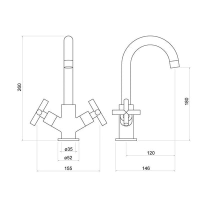 [BKT017] Contemporary Cross Handle Kitchen Mixer Tap - Chrome - Technical Drawing