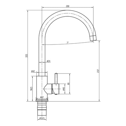 [BKT1310] Modern Round Single Lever Kitchen Sink Mixer Tap - Top Fix Installation, 355 x 90 x 245mm, Chrome Finish - Technical Drawing