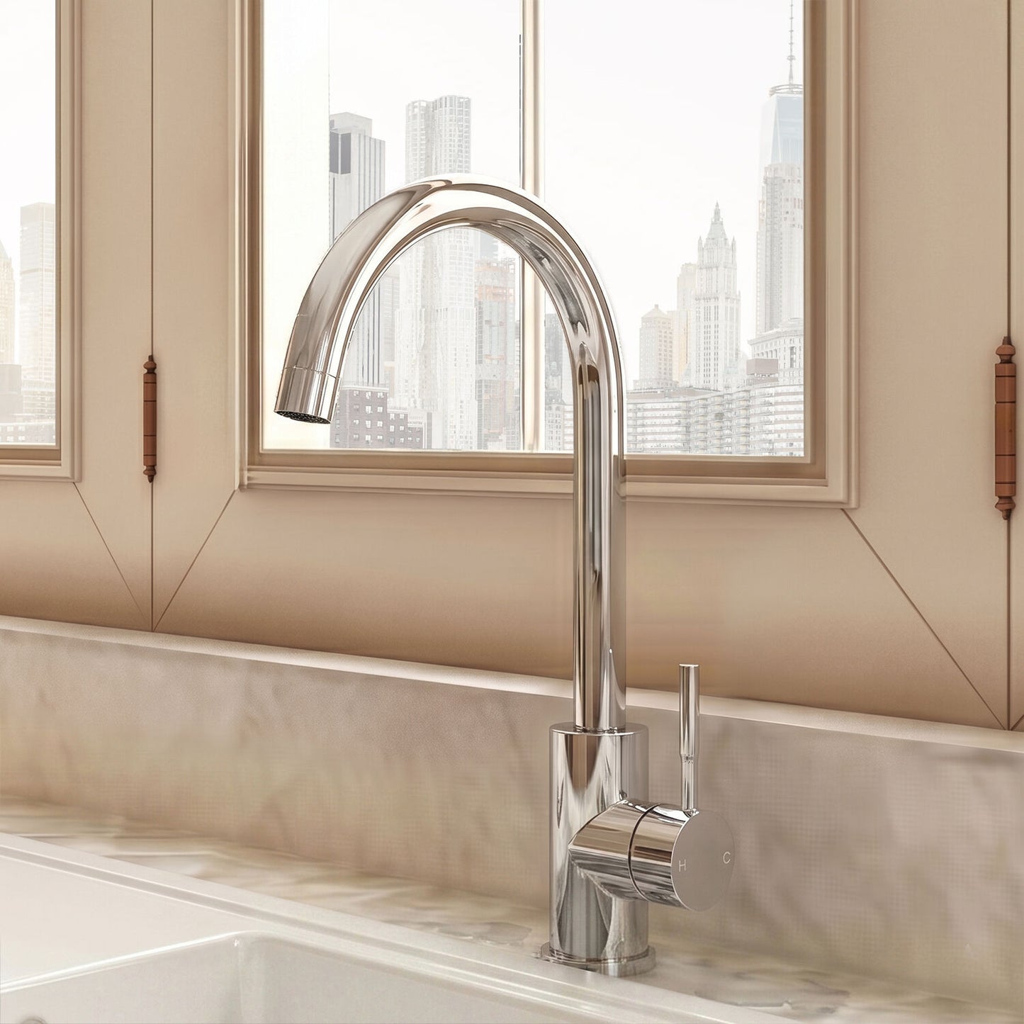[BKT1310] Modern Round Single Lever Kitchen Sink Mixer Tap - Top Fix Installation, 355 x 90 x 245mm, Chrome Finish - Silo