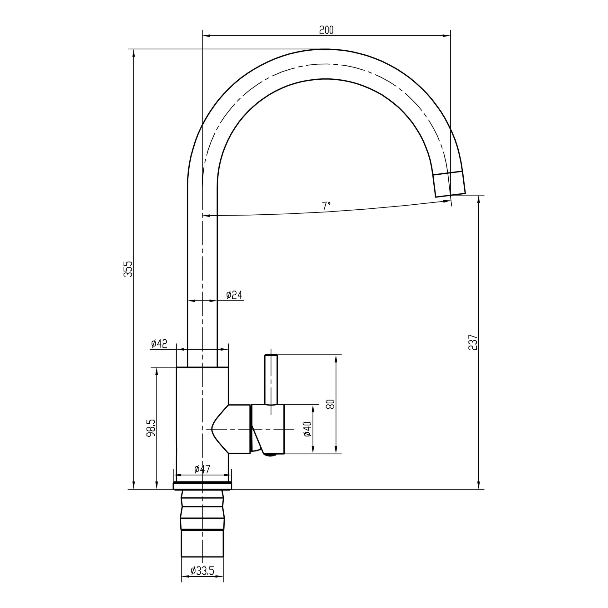 [BKT1312] Modern Round Single Lever Kitchen Sink Mixer Tap - Top Fix Installation, 355 x 90 x 245mm, Chrome Finish - Technical Drawing