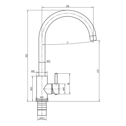 [BKT1313] Modern Round Single Lever Kitchen Sink Mixer Tap - Top Fix Installation, 355 x 90 x 245mm, Chrome Finish - Technical Drawing