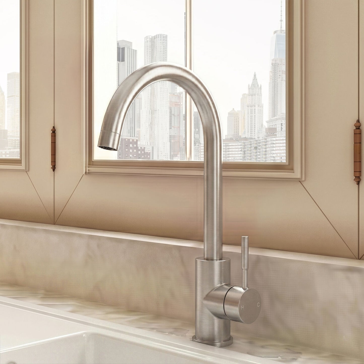 [BKT1313] Modern Round Single Lever Kitchen Sink Mixer Tap - Top Fix Installation, 355 x 90 x 245mm, Chrome Finish - Silo