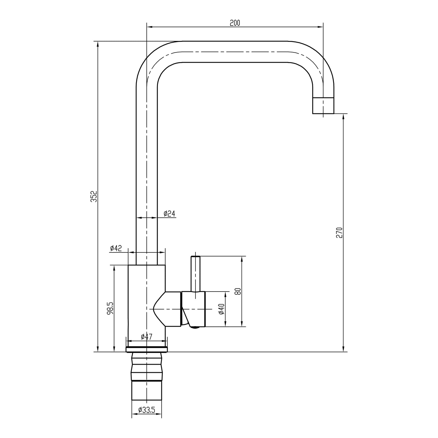 [BKT1325] Modern Square Single Lever Kitchen Sink Mixer Tap - Top Fix Installation, 352 x 90 x 245mm, Chrome Finish - Technical Drawing