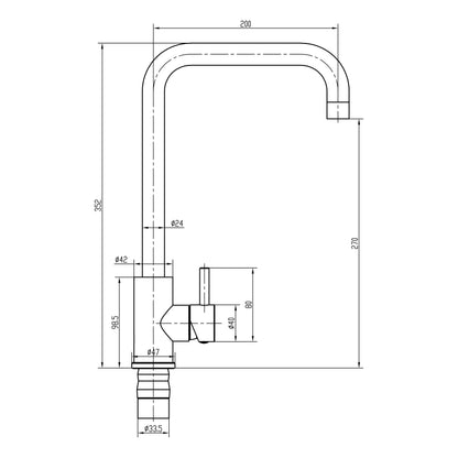 [BKT1327] Modern Square Single Lever Kitchen Sink Mixer Tap - Top Fix Installation, 352 x 90 x 245mm, Chrome Finish - Technical Drawing