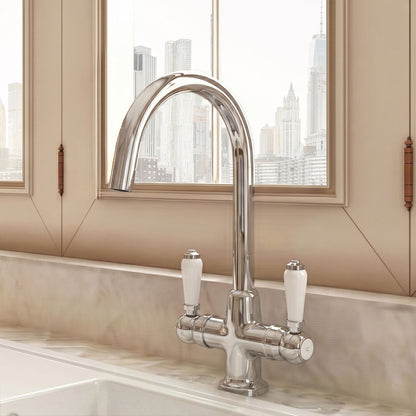 [BKT304B] Norbury Traditional Mono Mixer Kitchen Tap with Lever Handles - Brushed Brass - Silo