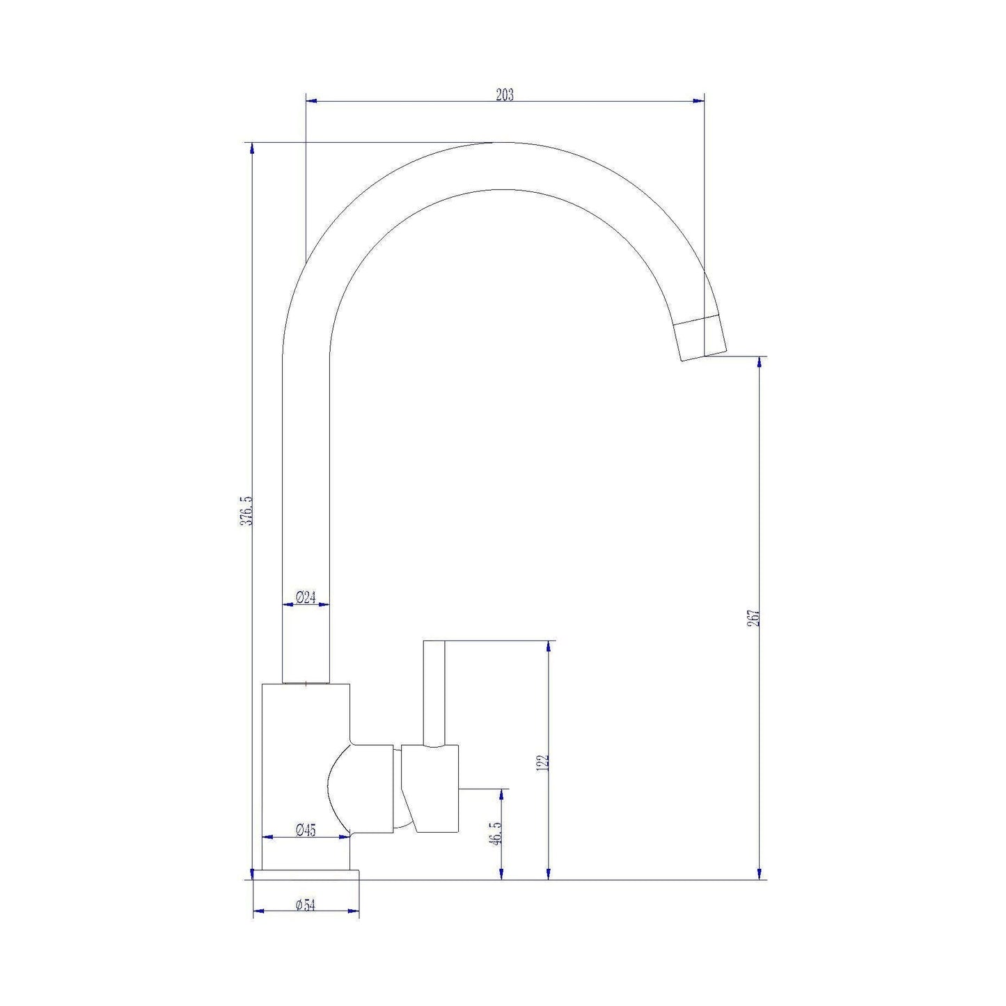 [BKT325B] Contemporary Round Single Lever Kitchen Tap - Chrome - Technical Drawing