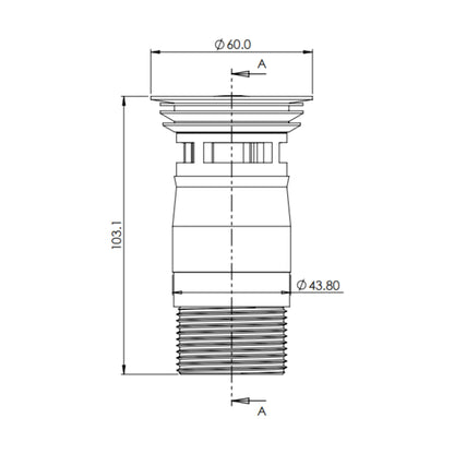 [BKT601] Modern Round Bathroom Click-Clack Slotted Basin Waste with Overflow, Top Fix Installation, 103 x 60 x 104 mm - Choice of Colour - Technical Drawing