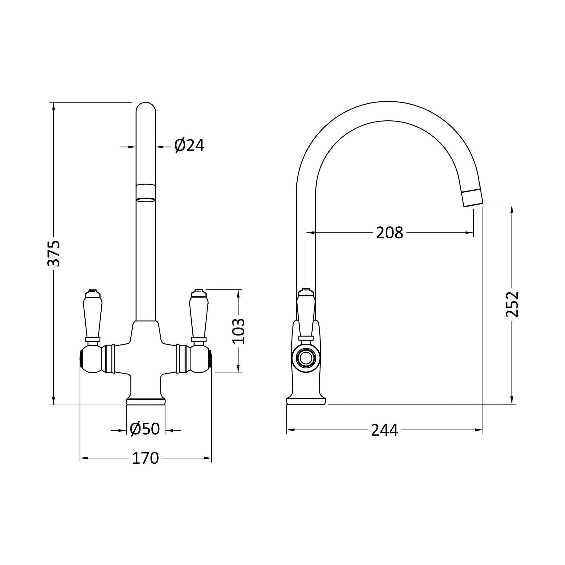 [BKT604] Norbury Mono Mixer Kitchen Tap - Multiple Handle and Finish Options Available - Technical Drawing