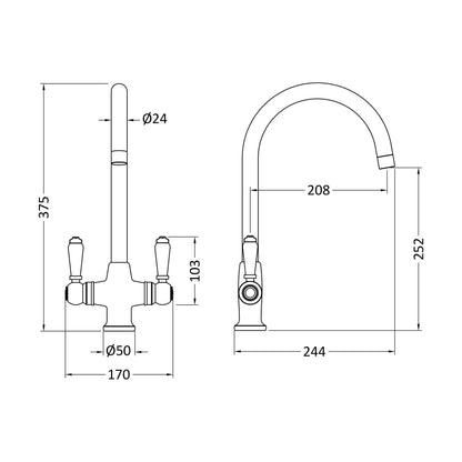 [BKT604] Norbury Mono Mixer Kitchen Tap - Multiple Handle and Finish Options Available - Technical Drawing