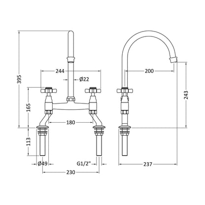 [BKT606] Norbury Bridge Mixer Kitchen Tap - Crosshead or Lever Handles, Choice of Colour - Technical Drawing