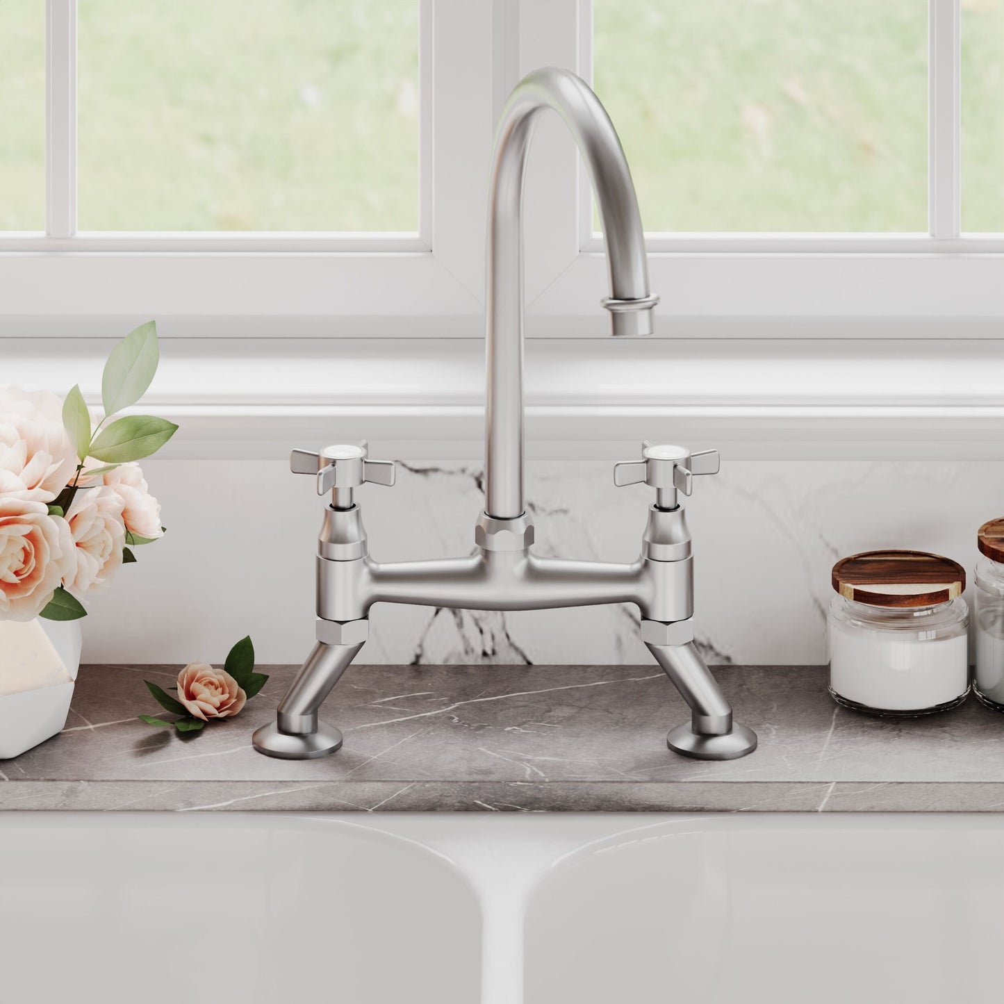 [BKT606] Norbury Bridge Mixer Kitchen Tap - Crosshead or Lever Handles, Choice of Colour - Lifestyle 1