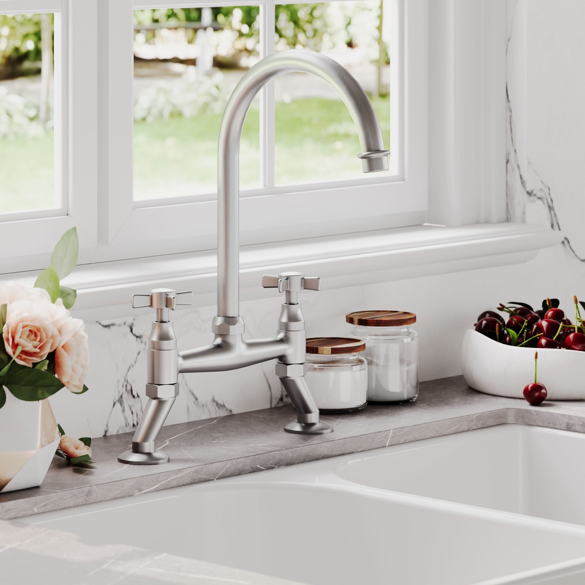 [BKT606] Norbury Bridge Mixer Kitchen Tap - Crosshead or Lever Handles, Choice of Colour - Lifestyle 2