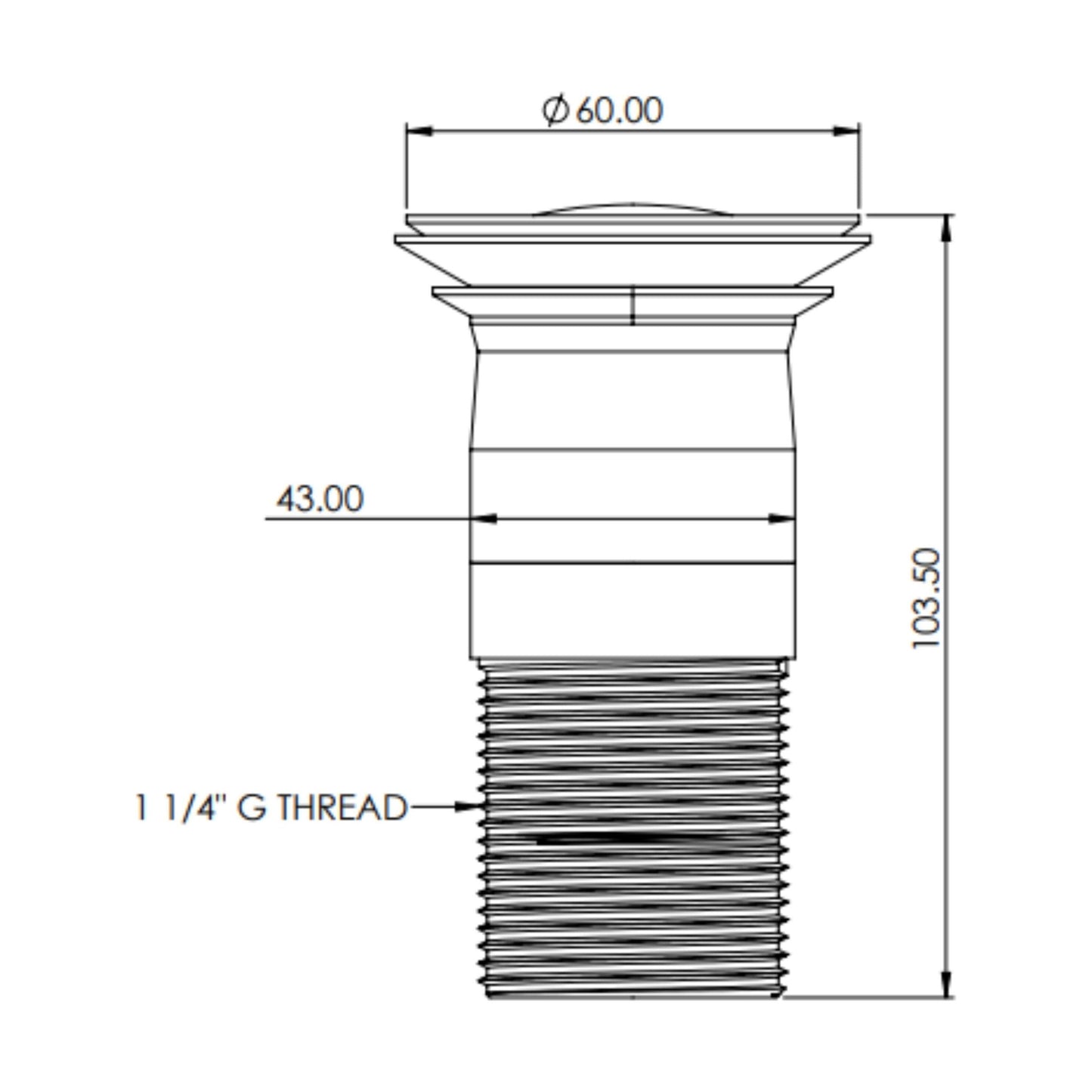 [BKT731] Modern Round Bathroom Click-Clack Unslotted Basin Waste without Overflow, Top Fix Installation, 103 x 60 x 104 mm - Choice of Colour - Technical Drawing