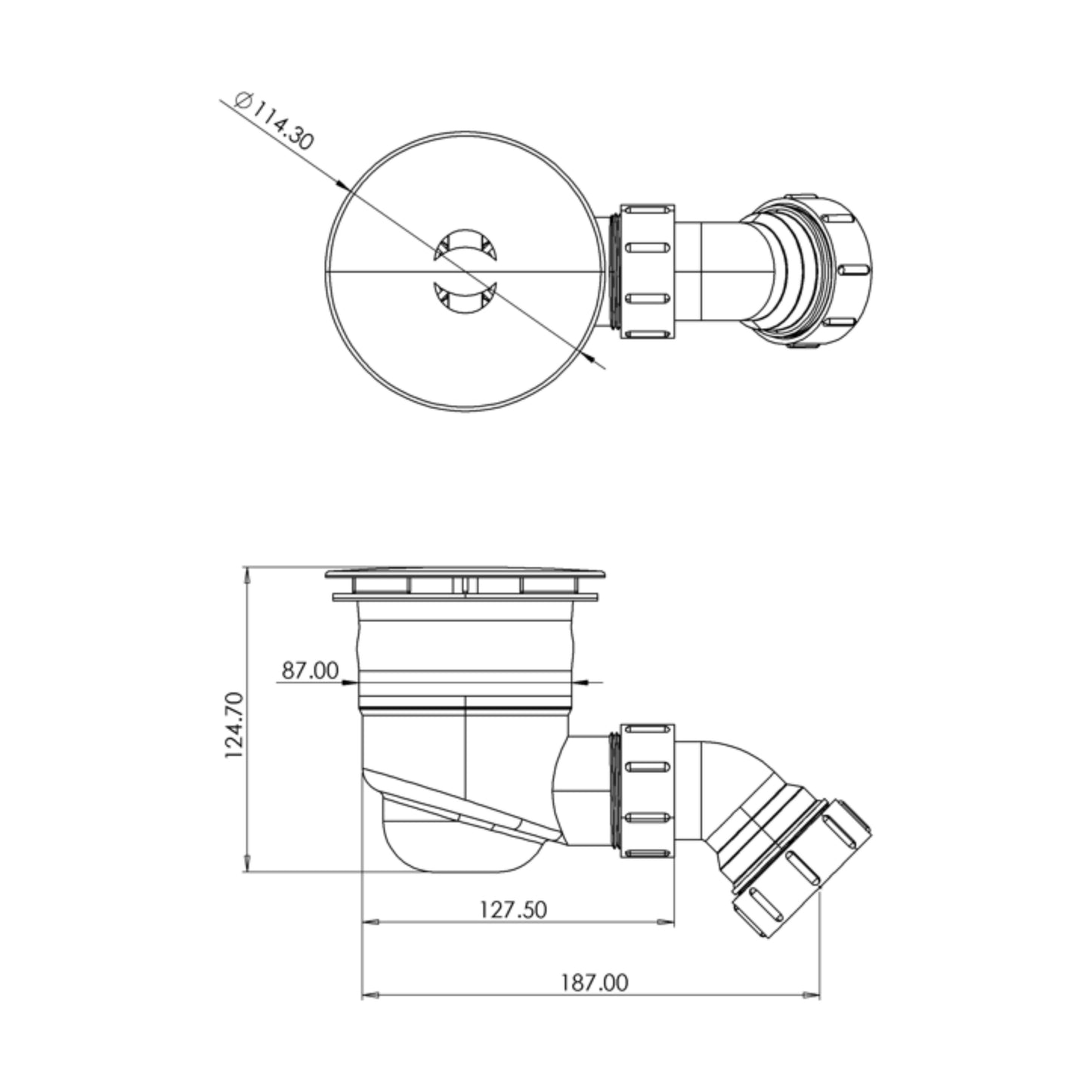 [BKT733] Modern Round Bathroom Shower Tray Waste with Elbow, Top Fix Installation, 125 x 114 x 187 mm - Choice of Colour - Technical Drawing
