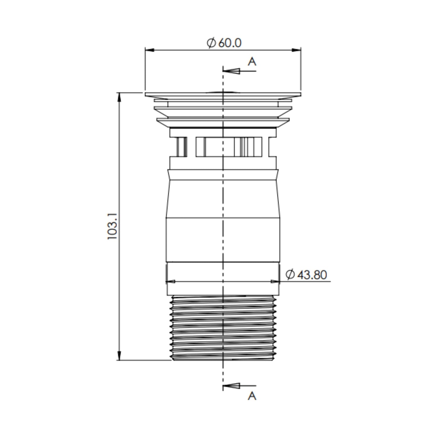 [BKT736] Modern Round Bathroom Click-Clack Slotted Basin Waste with Overflow, Top Fix Installation, 103 x 60 x 104 mm - Choice of Colour - Technical Drawing